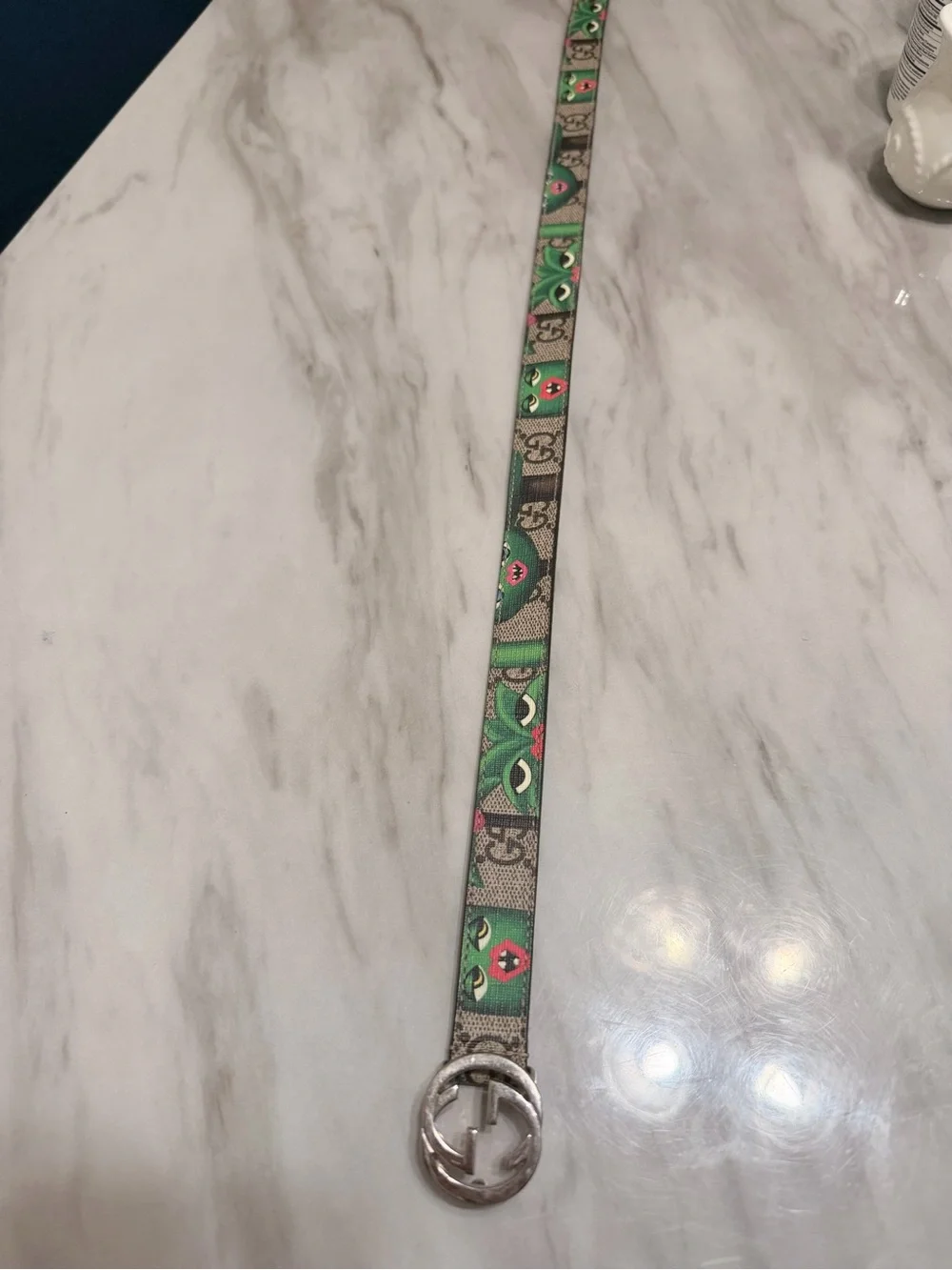 Gucci Beige GG Canvas Belt with Green Character Print and Silver Double G